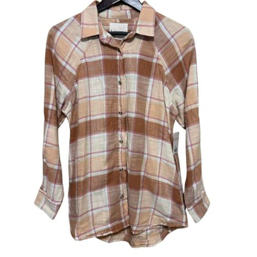 NWT Lucky Brand Plaid Bultton Up Tunic Shirt Women XS Cream Brown Oversize Boho
